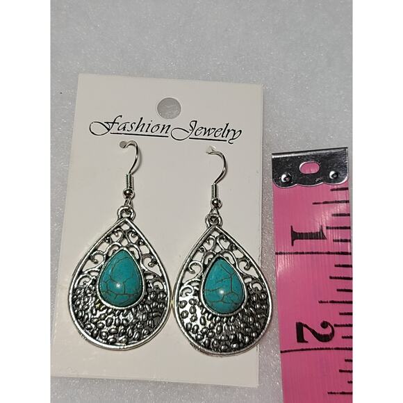 Silver Turquoise Stone Drop Dangle Fashion Earrings - Picture 2 of 2